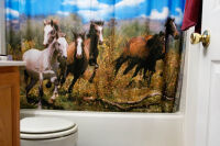 ￼￼Mark delights in horse-themed décor, as evidenced by his shower curtain.Mark's affection for horses is...